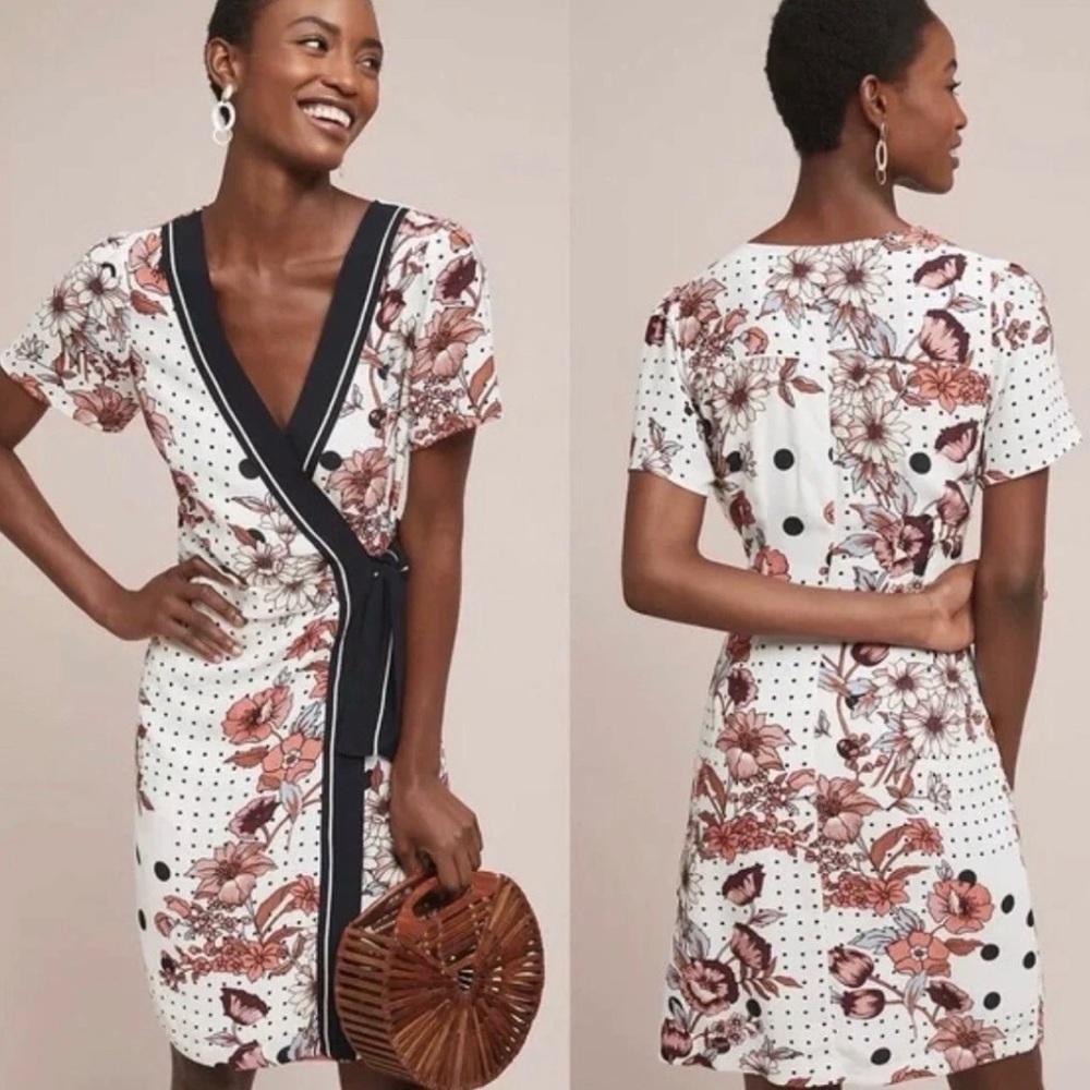 Maeve Wrap Dress Womens 4 White Floral Polka Dot Mixed Print V-Neck Mini Boho